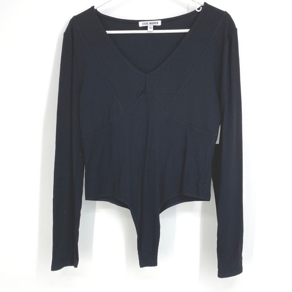 Steve Madden Womens Black Ribbed Knit Long Sleeve V-Neck‎ Bodysuit Top L